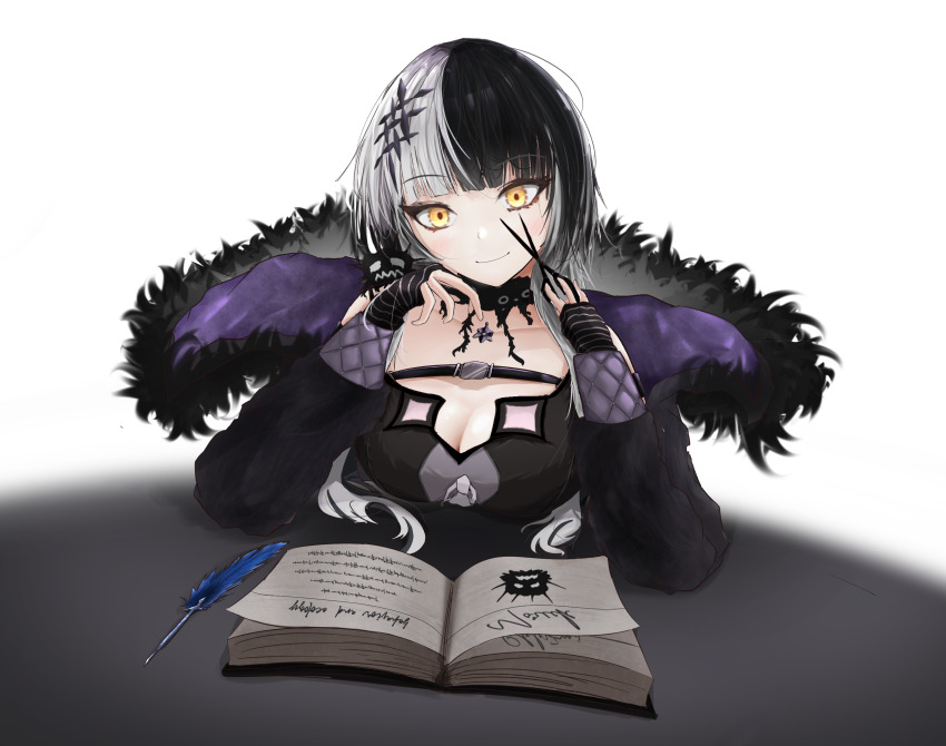 1girl, arm_warmers, black_arm_warmers, black_choker, black_coat, black_dress, black_hair, book, breasts, choker, cleavage, coat, commentary, dress, english_commentary, fur-trimmed_coat, fur_trim, hair_ornament, highres, holding, holding_scissors, hololive, hololive_english, large_breasts, light_smile, long_hair, looking_at_viewer, multicolored_hair, open_book, quill, sa_humi, scissors, shiori_novella, shiori_novella_(1st_costume), simple_background, solo, split-color_hair, striped_arm_warmers, two-tone_hair, virtual_youtuber, white_background, white_hair, yellow_eyes, yorick_(shiori_novella)
