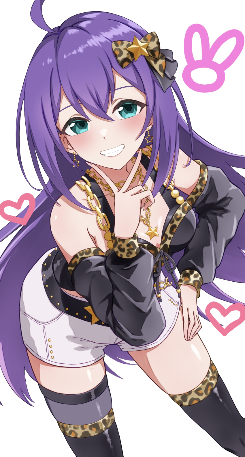 1girl, absurdres, ahoge, animal_print, belt, black_belt, black_shirt, black_thighhighs