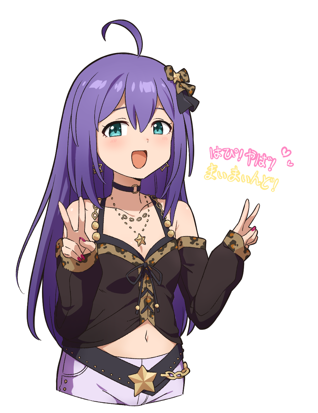 1girl, ahoge, animal_print, belt, black_belt, black_shirt, blush, bow