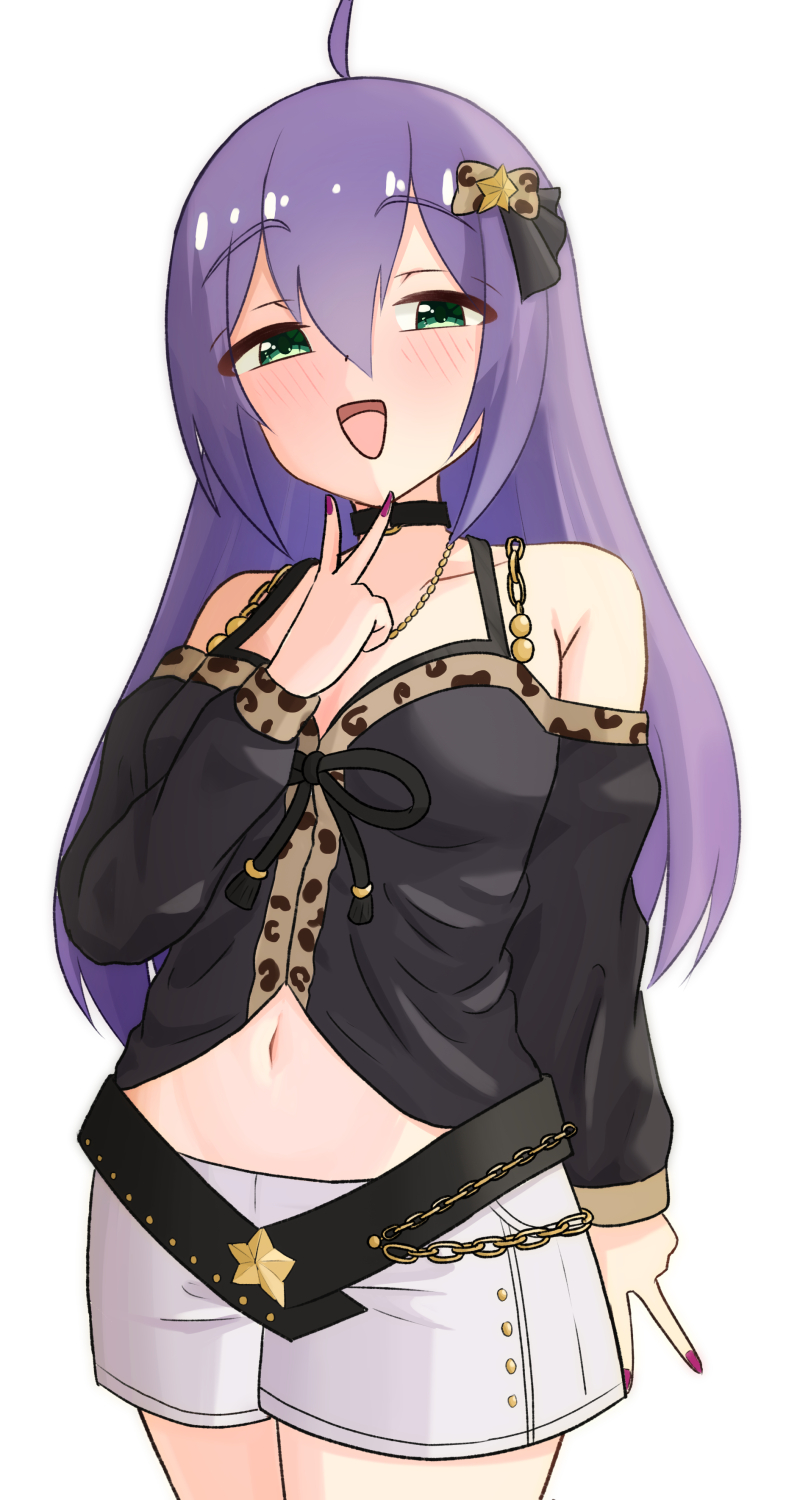 1girl, ahoge, animal_print, belt, black_belt, black_shirt, blush, bow