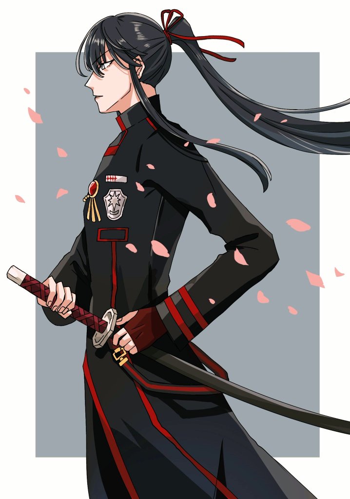1boy, badge, black_coat, black_hair, black_order_uniform, black_pants, border, cherry_blossoms