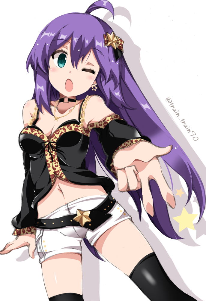 1girl, :o, agejo_gyaru, ahoge, animal_print, belt, black_belt, black_shirt