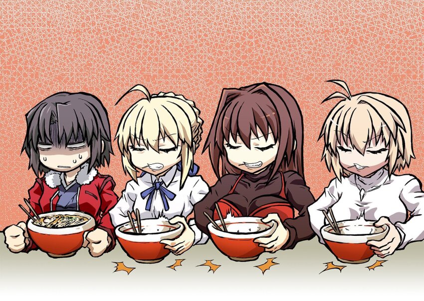 4girls, ahoge, aozaki_aoko, arcueid_brunestud, artoria_pendragon_(fate), black_hair, black_sweater, blonde_hair