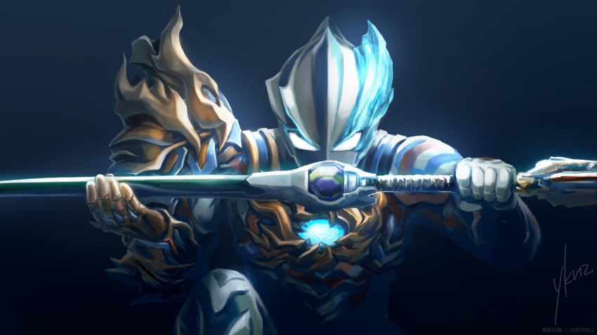 1boy, armor, dark_background, firdran_armor, glowing, glowing_eyes, highres, holding, holding_sword, holding_weapon, male_focus, mask, on_one_knee, snowslide, sword, tilsofird_lancer, tokusatsu, ultra_series, ultraman_blazar, ultraman_blazar_(series), weapon