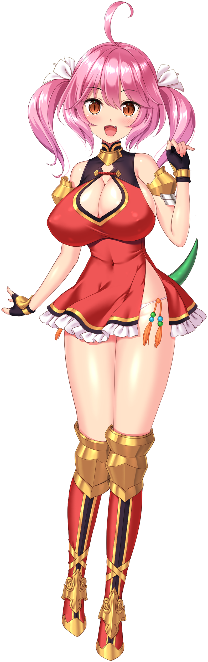 1girl, :d, absurdres, ahoge, armored_boots, blush, boots, breasts, china_dress, chinese_clothes, cleavage, cleavage_cutout, clothing_cutout, covered_erect_nipples, covered_navel, derauea, dragon_girl, dragon_tail, dress, fang, fingerless_gloves, full_body, game_cg, gloves, gold_trim, green_hair, hair_ribbon, highres, large_breasts, looking_at_viewer, medium_hair, motto!_haramase!_(series), motto!_haramase!_honoo_no_oppai_isekai_ero_mahou_gakuen!, myau_orphel, non-web_source, official_art, open_mouth, panties, pantyshot, pink_hair, red_eyes, ribbon, slit_pupils, smile, solo, sprite_art, standing, tachi-e, tail, thigh_boots, transparent_background, twintails, underwear, white_panties, white_ribbon