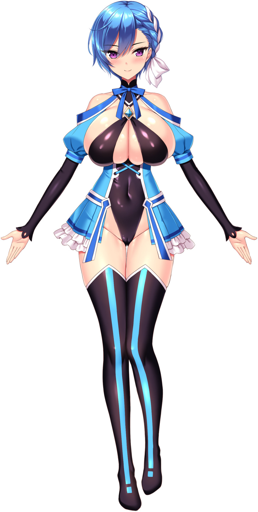 1girl, absurdres, black_boots, black_leotard, black_sleeves, blue_boots, blue_hair, blue_trim