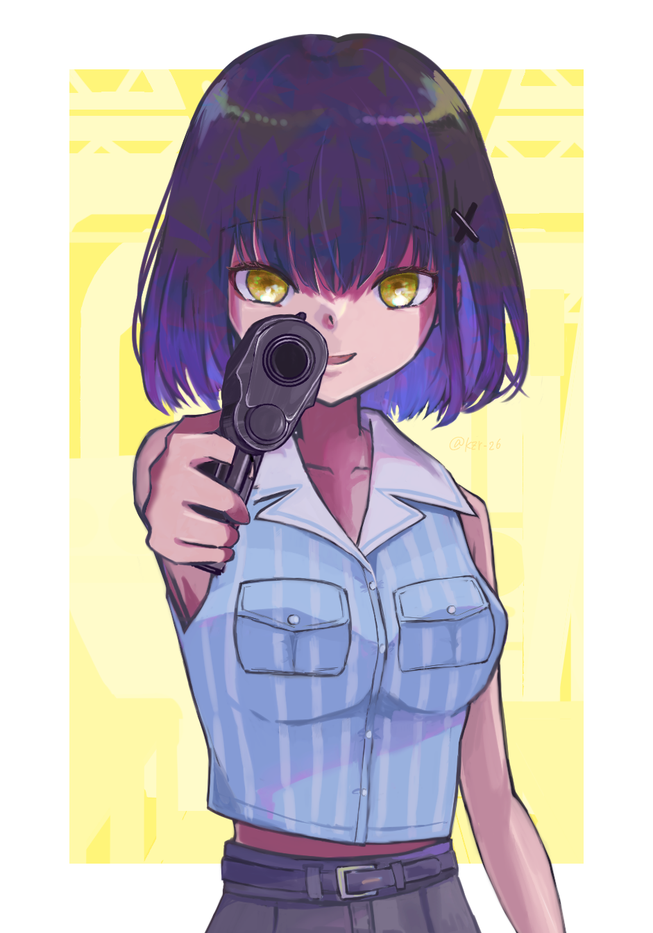 1girl, aiming, aiming_at_viewer, blue_hair, blue_shirt, evil_smile, finger_on_trigger, girls'_frontline