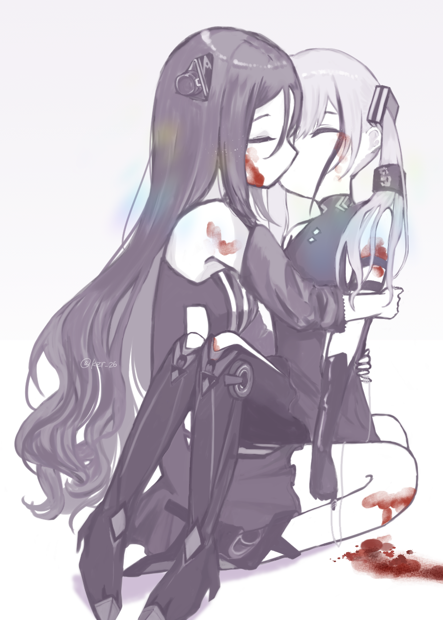 2girls, android, black_hair, bleeding, blood, blood_on_arm, blood_on_face, closed_eyes, destroyer_(girls'_frontline), dreamer_(girls'_frontline), girls'_frontline, highres, incest, kiss, kzr_26, long_hair, multiple_girls, sangvis_ferri, twintails, white_background, white_hair, yuri