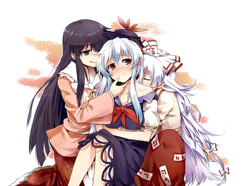 3girls, :d, black_hair, blush, female_focus, fujiwara_no_mokou, hat, houraisan_kaguya, kamishirasawa_keine, kiji_(manekinuko-tei), long_hair, multiple_girls, open_mouth, red_eyes, silver_hair, smile, tears, tongue, touhou, very_long_hair, yuri