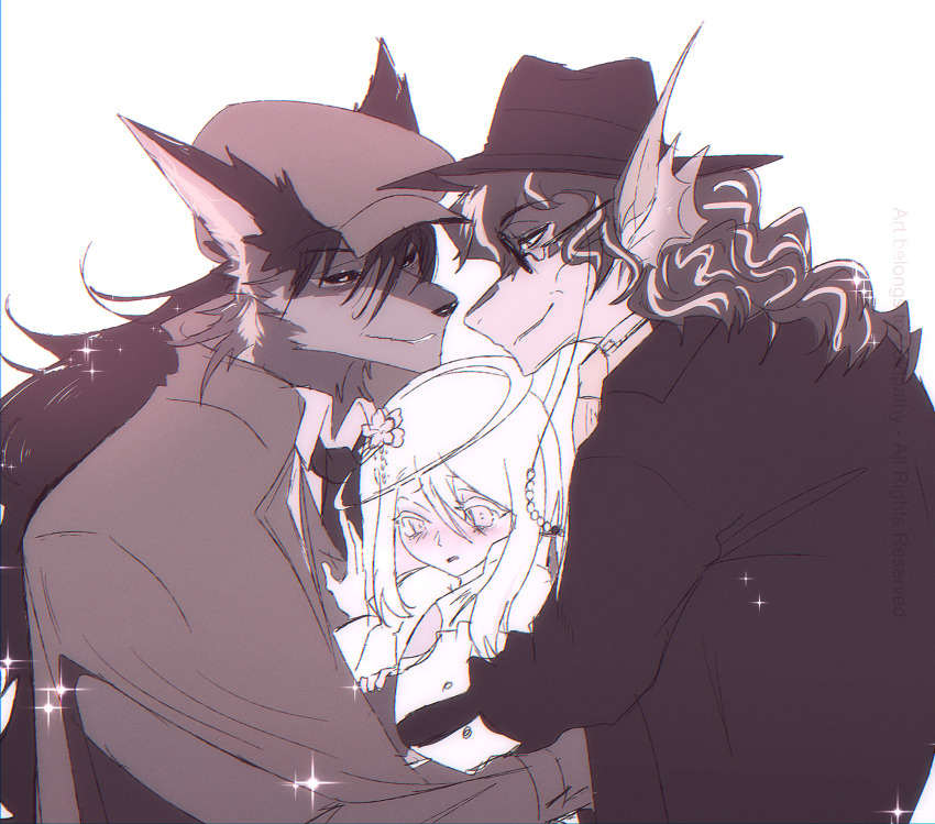 3boys, animal_ears, arknights, artist_self-insert, blush, commentary, deerstalker, dragon_boy, english_commentary, furry, furry_male, hat, highres, lee_(arknights), male_focus, morimens, multiple_boys, original, ryker_(morimens), smile, sparkle, voidpathy, white_background, wolf_boy, wolf_ears, yaoi