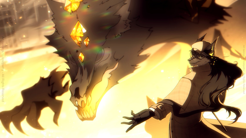 1boy, animal_ears, black_gloves, black_sclera, colored_sclera, commentary, deerstalker, detective