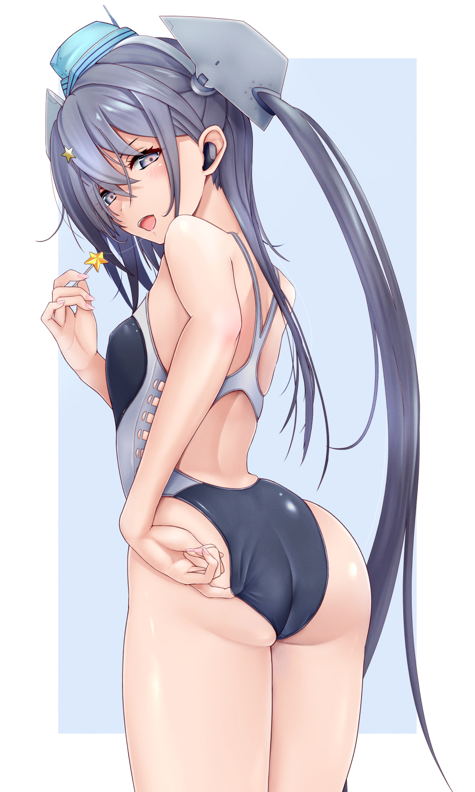 1girl, adjusting_clothes, adjusting_swimsuit, ass, candy, competition_swimsuit, cowboy_shot, food