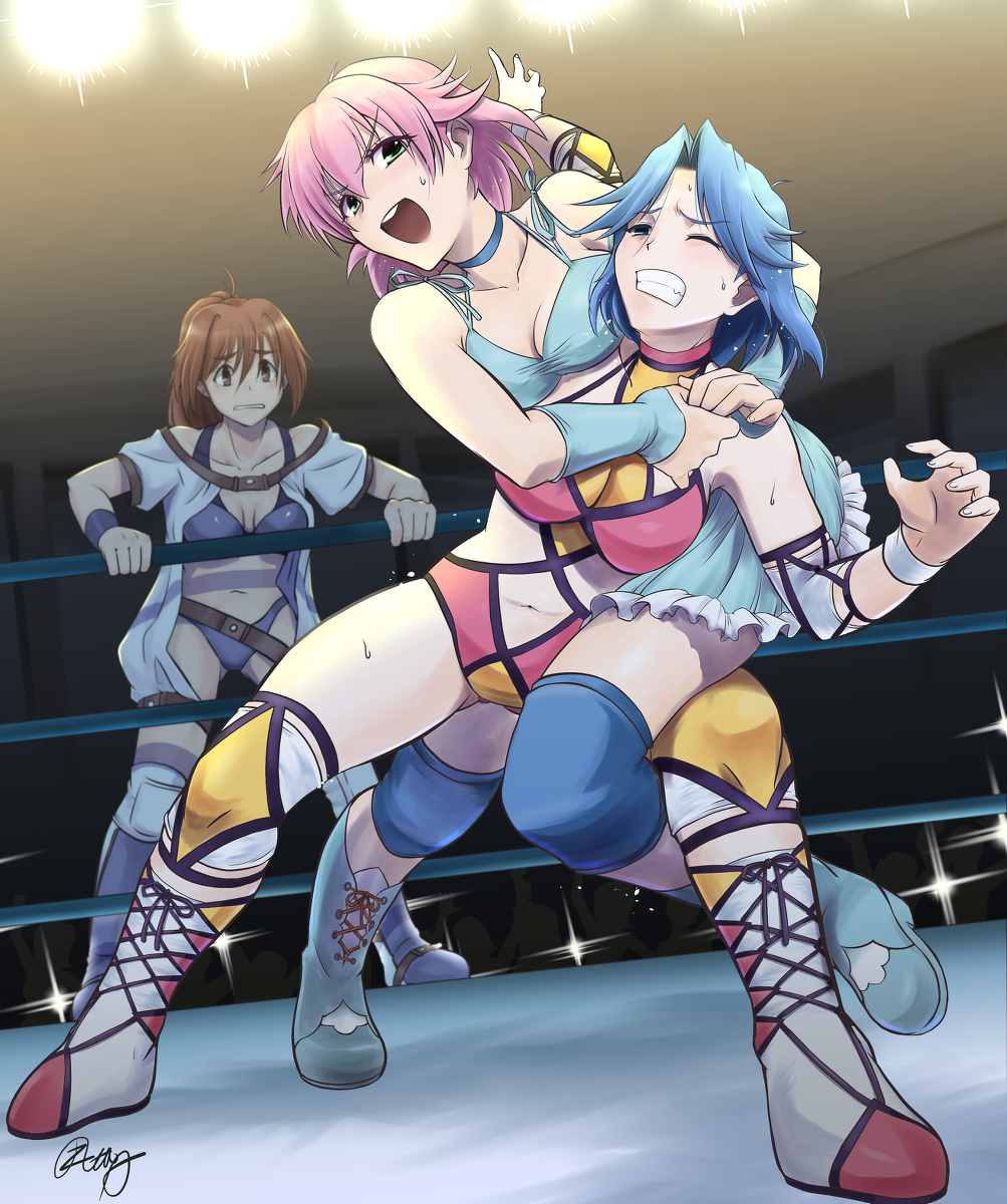 3girls, abdominal_stretch, character_request, commission, hanabusa_(xztr3448), highres, multiple_girls, nagahara_chizuru