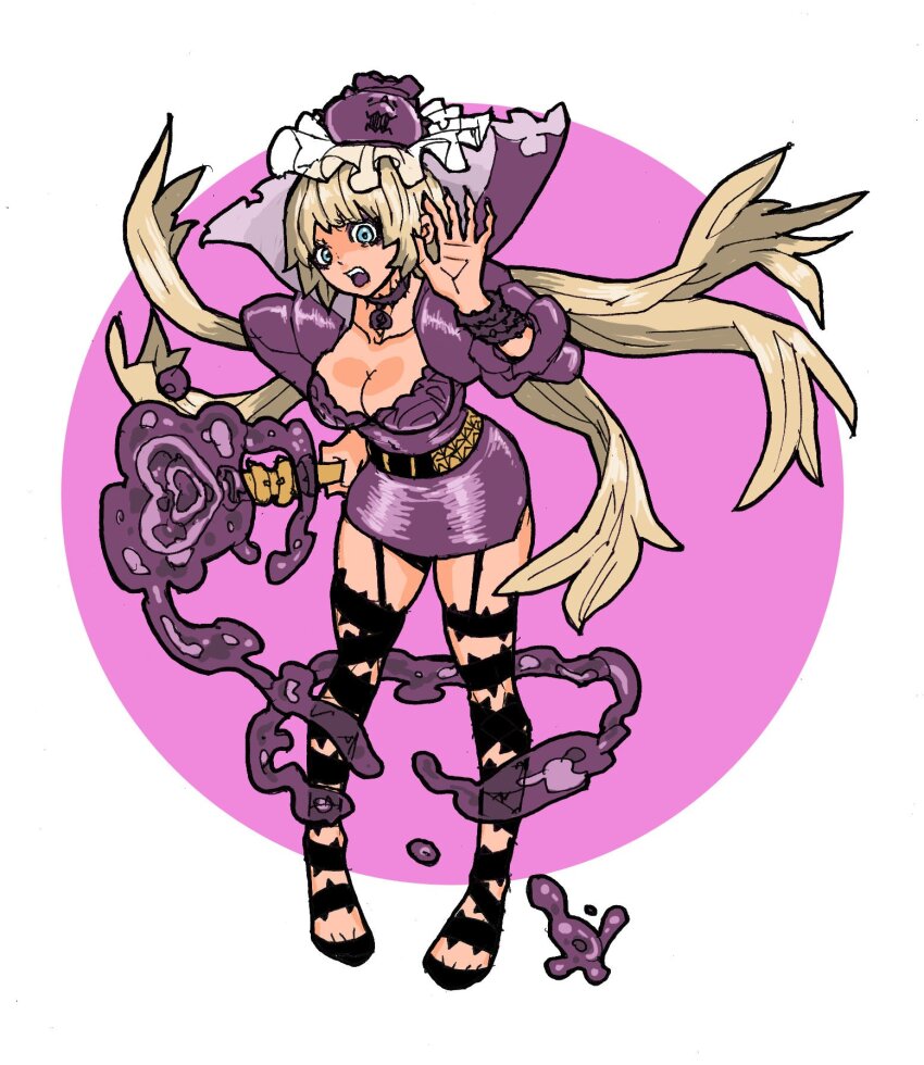 1girl, alternate_costume, alternate_hair_color, belt, blonde_hair, blue_eyes, blunt_bangs, bracelet