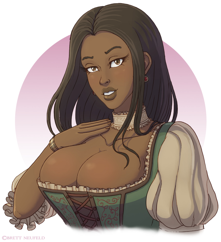 1girl, artist_name, black_hair, breasts, brown_eyes, brown_lips, choker, cleavage