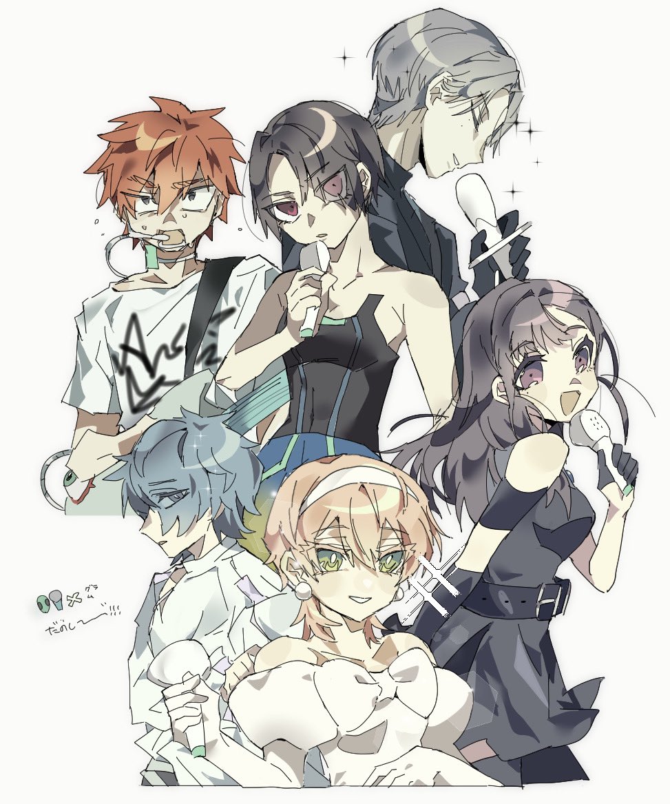 asymmetrical_gloves, black_dress, black_gloves, black_shirt, black_tank_top, blonde_hair, blue_hair, brown_eyes, character_request, closed_eyes, commentary_request, cosplay, dokusuji_(kw9onou58), dress, earrings, elbow_gloves, gloves, green_eyes, grey_hair, guitar, hairband, half_gloves, holding, holding_microphone, hyuna_(alien_stage), hyuna_(alien_stage)_(cosplay), instrument, ivan_(alien_stage), ivan_(alien_stage)_(cosplay), jewelry, kajiyama_fuuta, kusunoki_muu, long_hair, luka_(alien_stage), luka_(alien_stage)_(cosplay), microphone, milgram, mizi_(alien_stage), mizi_(alien_stage)_(cosplay), pearl_earrings, print_shirt, red_hair, sakurai_haruka_(milgram), shirt, short_hair, single_elbow_glove, single_half_glove, sua_(alien_stage), sua_(alien_stage)_(cosplay), tank_top, till_(alien_stage), till_(alien_stage)_(cosplay), translation_request, turtleneck, turtleneck_shirt, uneven_gloves, white_hairband, white_shirt