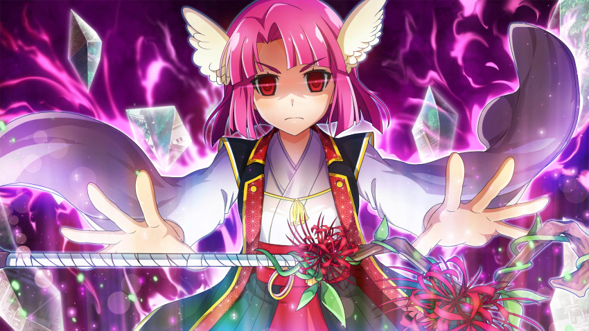 angel_wings, asymmetrical_bangs, aura, black_haori, closed_mouth, cowboy_shot, game_cg, hakama