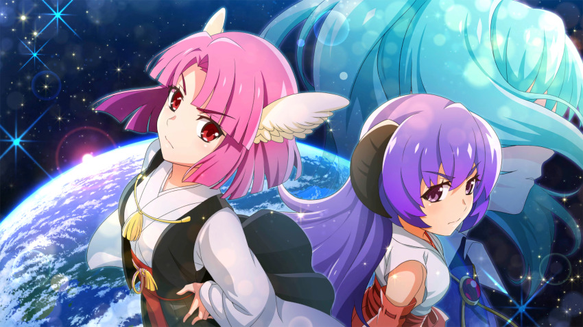 3girls, angel_wings, aqua_hair, black_haori, blue_dress, closed_mouth, cowboy_shot, dress