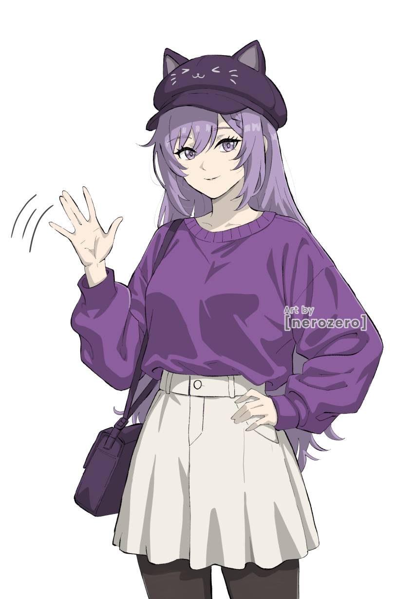 1girl, absurdres, alternate_costume, alternate_hairstyle, animal_ears, animal_hat, artist_name, bag