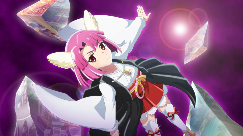 1girl, angel_wings, black_haori, closed_mouth, dutch_angle, feet_out_of_frame, game_cg, hakama