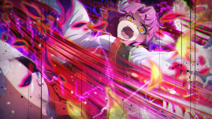 1girl, angel_wings, aura, black_haori, boots, cowboy_shot, dark_aura, dutch_angle