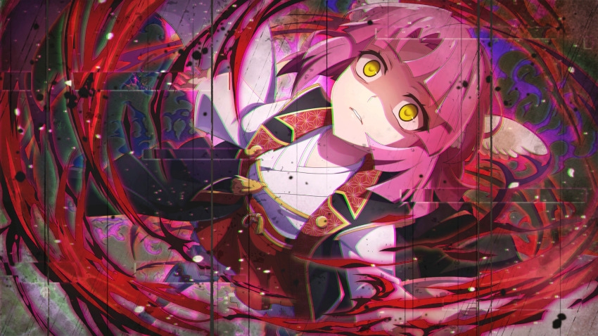 1girl, angel_wings, aura, black_haori, boots, dark_aura, foot_out_of_frame, from_above