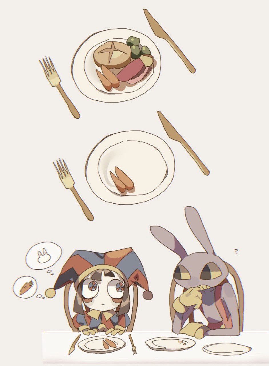 1boy, 1girl, animal_ears, black_eyes, blue_eyes, bread, brown_hair, carrot