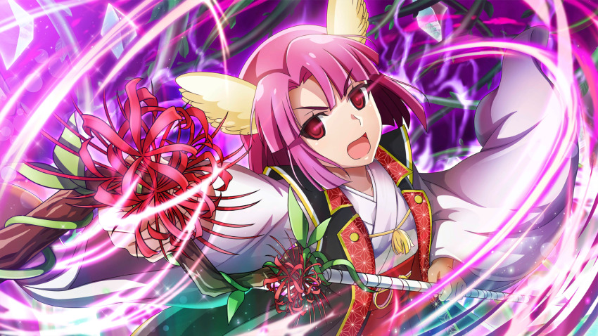 angel_wings, arm_up, asymmetrical_bangs, aura, black_haori, cowboy_shot, dutch_angle, from_above