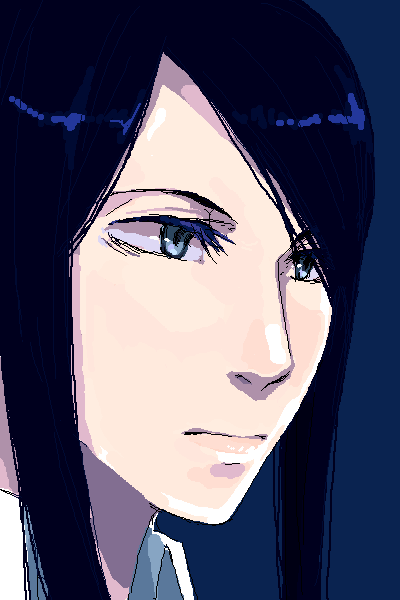 00s, 1girl, adele_(emma), alternate_hairstyle, black_hair, blue_eyes, close-up, expressionless, eyelashes, female_focus, morihito, oekaki, portrait, solo, victorian_romance_emma