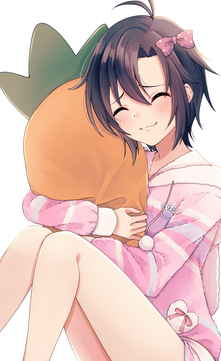 1girl, absurdres, antenna_hair, black_hair, blush, bow, carrot-shaped_pillow, closed_eyes, closed_mouth, commentary_request, fuwafuwa_sweet_(idolmaster), hair_between_eyes, hair_bow, highres, hugging_object, idolmaster, idolmaster_(classic), idolmaster_million_live!, idolmaster_million_live!_theater_days, kikuchi_makoto, moka7ha, pillow, pillow_hug, pink_bow, short_hair, simple_background, sitting, smile, solo, stuffed_toy, white_background