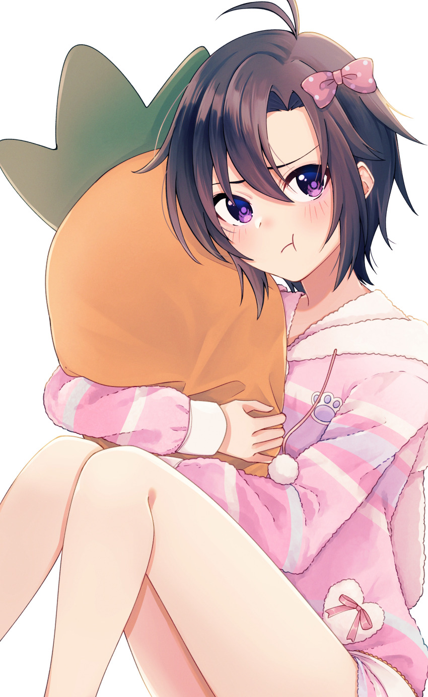 1girl, absurdres, antenna_hair, black_hair, blush, bow, carrot-shaped_pillow, closed_mouth, commentary_request, fuwafuwa_sweet_(idolmaster), hair_between_eyes, hair_bow, highres, hugging_object, idolmaster, idolmaster_(classic), idolmaster_million_live!, idolmaster_million_live!_theater_days, kikuchi_makoto, looking_at_viewer, moka7ha, pillow, pillow_hug, pink_bow, pout, purple_eyes, short_hair, simple_background, sitting, solo, stuffed_toy, white_background
