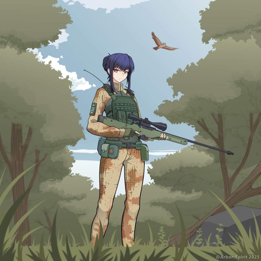 1girl, absurdres, accuracy_international, ai_arctic_warfare, ammunition_pouch, animal, arbor_spirit, belt_pouch