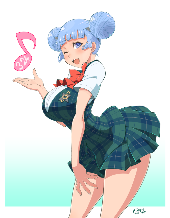 1girl, arm_up, bent_over, blue_eyes, blue_hair, breasts, commentary, double_bun