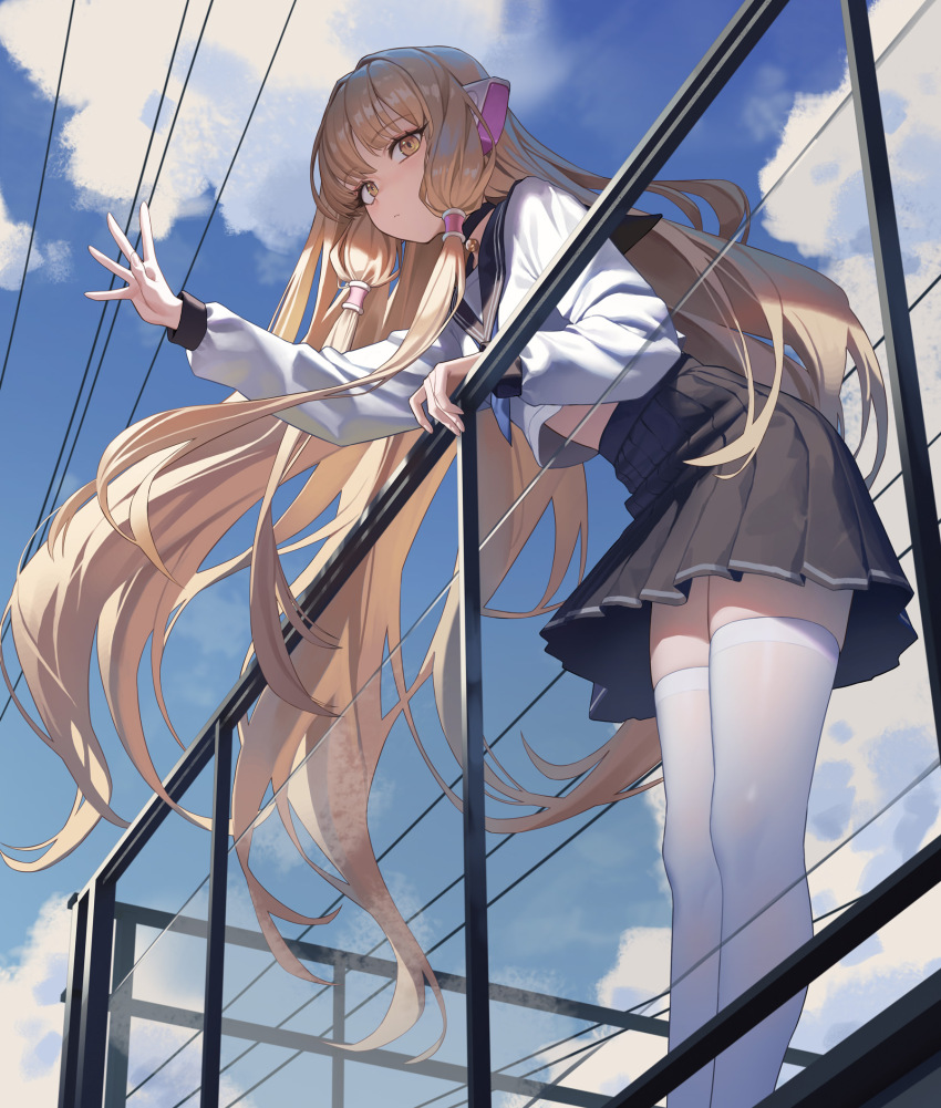 1girl, black_sailor_collar, black_skirt, blonde_hair, blue_neckerchief, blue_sky, brown_eyes, building