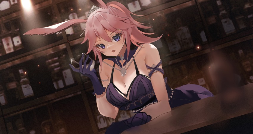 1girl, absurdres, alcohol, animal_ears, bar_(place), bare_shoulders, breasts, cleavage