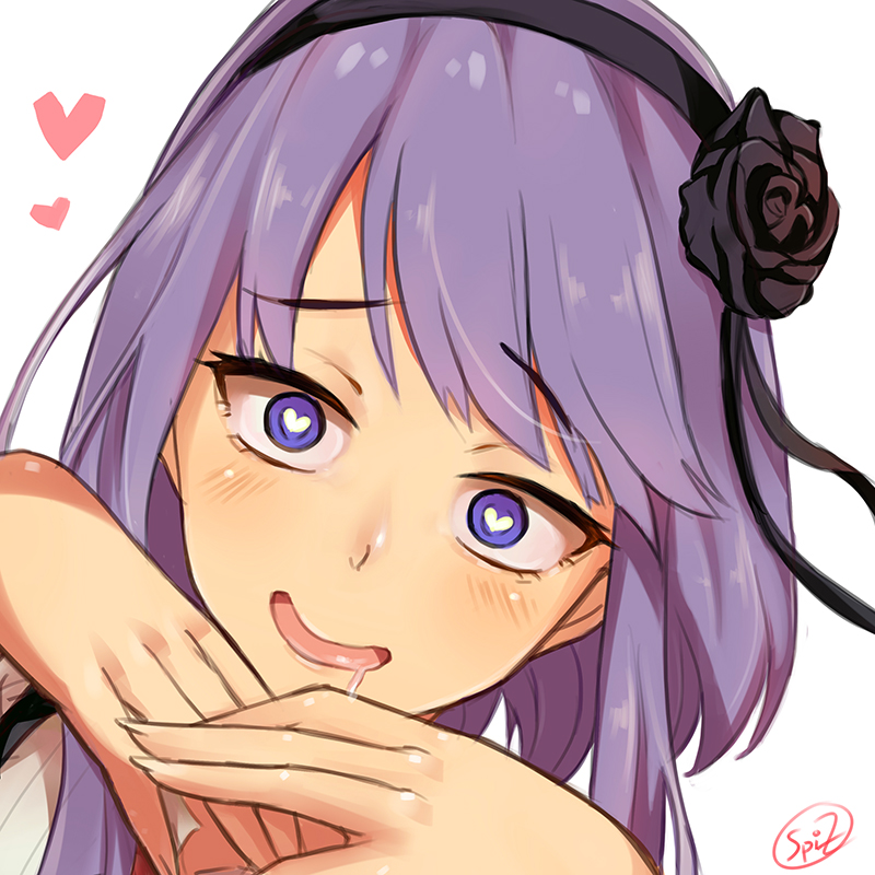 1girl, black_flower, black_rose, blush, dagashi_kashi, flower, hands_under_chin, headband, heart, heart-shaped_pupils, purple_eyes, purple_hair, rose, saliva, shidare_hotaru, solo_focus, spiz, symbol-shaped_pupils
