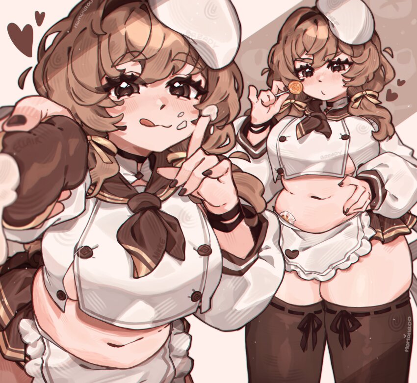 1girl, absurdres, apron, belly, bow, bready_(nikke), breasts, brown_hair, candy, crop_top, food, food_on_face, goddess_of_victory:_nikke, hair_bow, hair_ribbon, hat, highres, holding, holding_candy, holding_food, holding_lollipop, large_breasts, lollipop, momoiiroo, plump, ribbon, skindentation, smile, thick_thighs, thighhighs, thighs, tongue, tongue_out, underboob