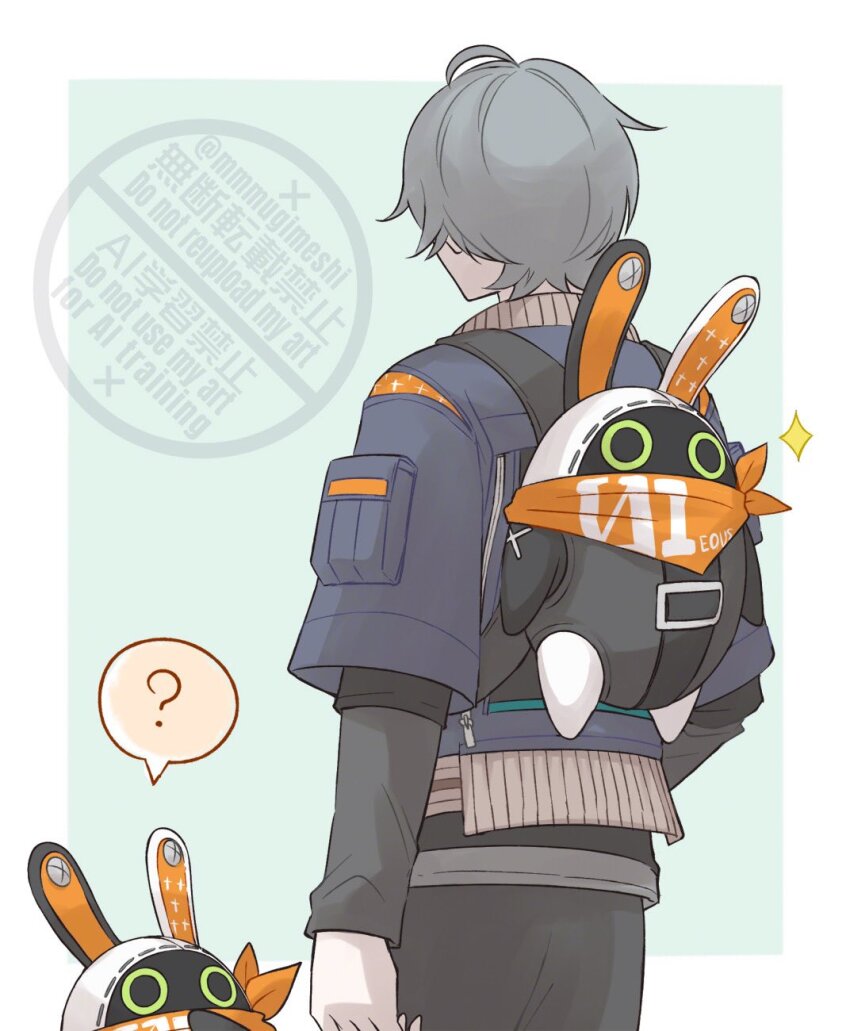 1boy, ?, bandana, bandana_around_neck, bangboo_(zenless_zone_zero), bangboo_6_(zenless_zone_zero), black_pants, black_shirt, blue_jacket, crossed_bangs, eous_(zenless_zone_zero), from_behind, grey_hair, highres, jacket, male_focus, mmmugimeshi, multiple_others, orange_bandana, pants, shirt, wise_(zenless_zone_zero), zenless_zone_zero