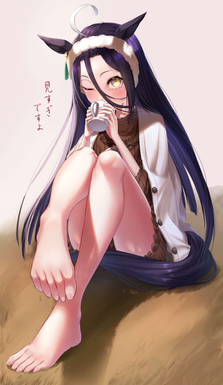 1girl, absurdres, ahoge, alternate_costume, animal_ears, barefoot, black_hair, black_sweater