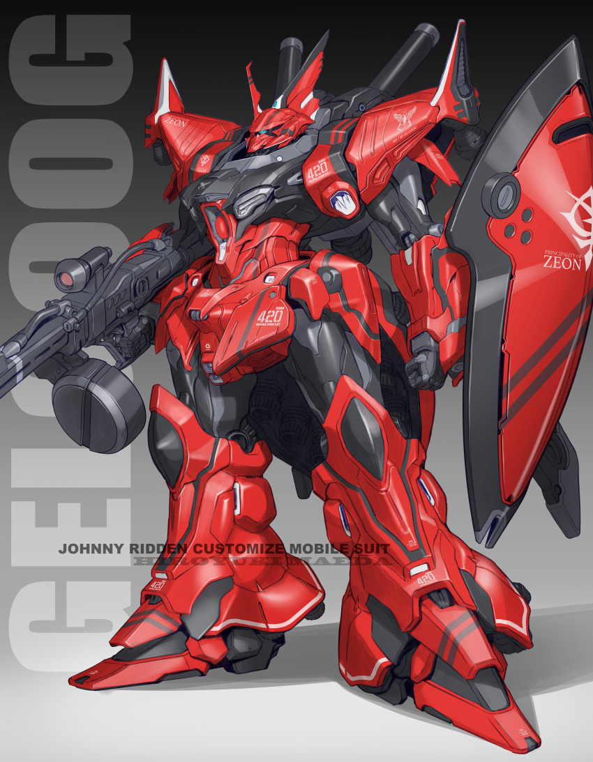 absurdres, arm_shield, artist_name, beam_rifle, blue_eyes, character_name, clenched_hand, commentary_request, energy_gun, full_body, gelgoog, gelgoog_hmt_johnny_ridden_custom, gradient_background, gun, gundam, gundam_msv, highres, holding, holding_gun, holding_weapon, horns, maeda_hiroyuki, mecha, mecha_focus, mobile_suit, no_humans, one-eyed, redesign, robot, science_fiction, shadow, shield, single_horn, solo, standing, thrusters, weapon, zeon