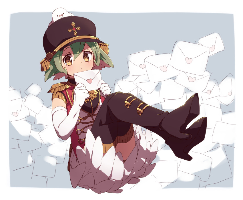 1girl, bird, black_thighhighs, boro_(tn-boro), elbow_gloves, envelope, gloves, green_hair