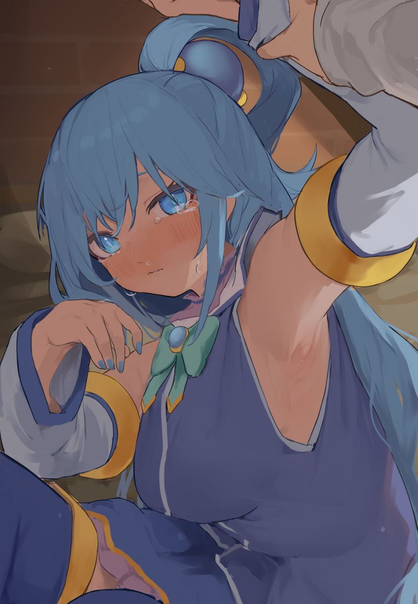 1boy, 1girl, aqua_(konosuba), aqua_bow, aqua_bowtie, arm_up, armpits, blue_eyes