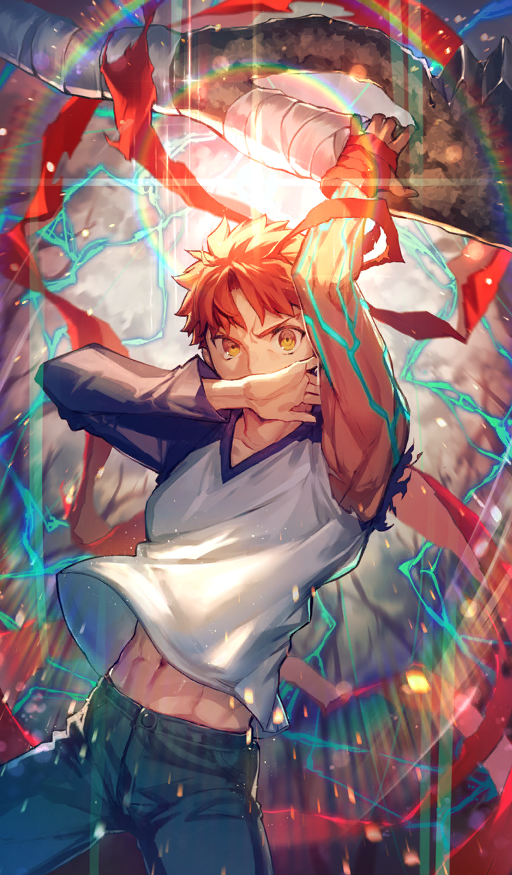 1boy, abs, arm_up, asymmetrical_sleeves, blue_pants, blue_shirt, colored_skin, commentary