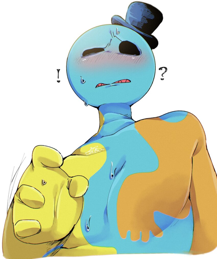 !, 1boy, ?, blush, commentary, doey_the_doughman, english_commentary, facing_viewer, hat, highres, m2133786545116, male_focus, poppy_playtime, sharp_teeth, sweat, teeth, top_hat, upper_body, white_background