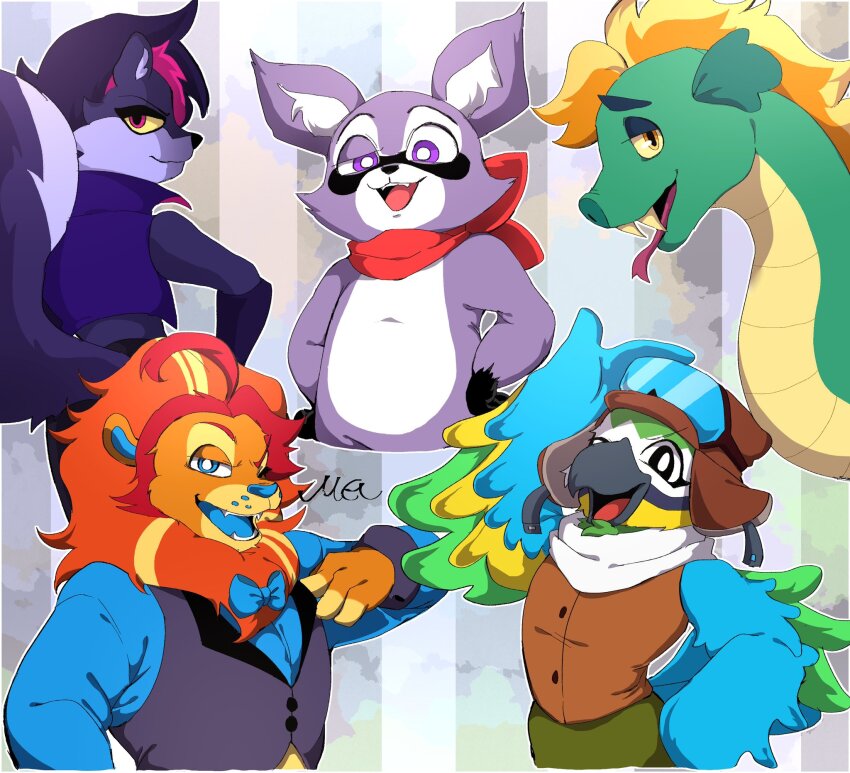 2girls, 3boys, animal_ears, bird_girl, closed_mouth, commentary, english_commentary, fangs