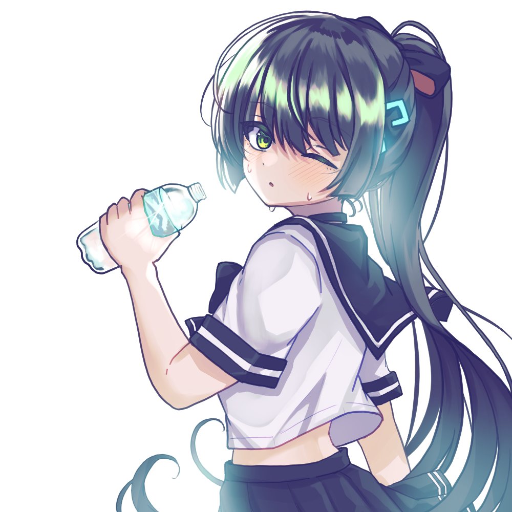 1girl, black_bow, black_bowtie, black_hair, black_sailor_collar, black_skirt, blunt_bangs, bow