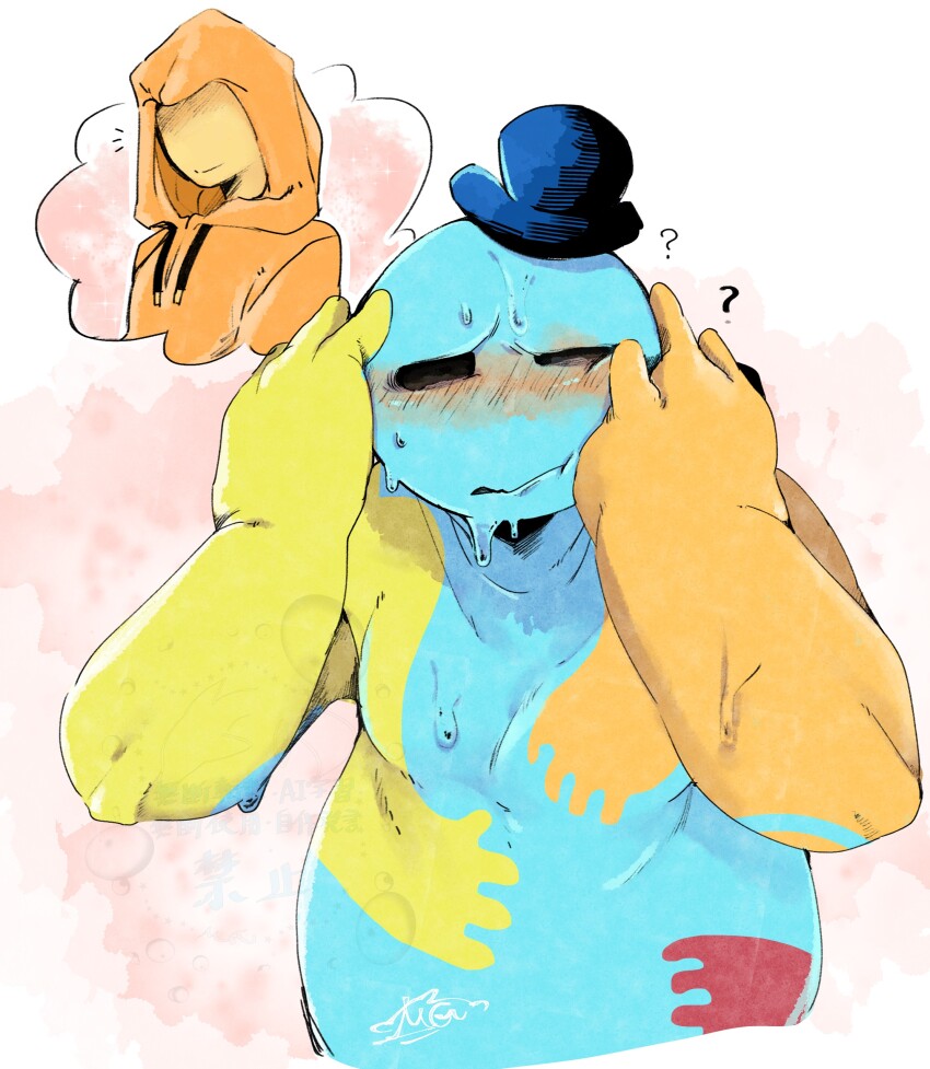 1boy, 1other, ?, absurdres, belly, blush, commentary_request, doey_the_doughman, hands_on_own_face, hat, highres, m2133786545116, male_focus, plump, poppy_playtime, speech_bubble, spoken_character, the_player_(poppy_playtime), thought_bubble, top_hat