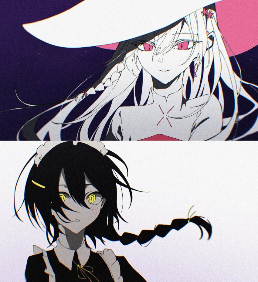 2girls, black_hair, blush, braid, chromatic_aberration, color_contrast, double-parted_bangs, earrings