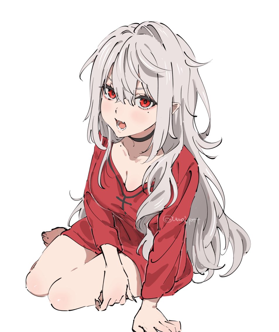 1girl, arm_support, barefoot, breasts, choker, cleavage, fang, fingernails