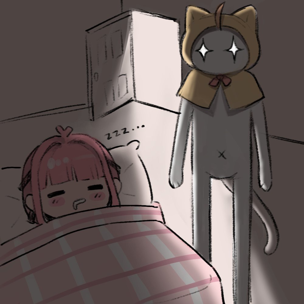 +_+, 1girl, ahoge, animal, antenna_hair, black_ribbon, blunt_bangs, blush_stickers, bow, bowtie, cat, chibi, cloak, closed_eyes, clothed_animal, commentary, commentary_request, dark, drooling, ear_covers, english_commentary, hair_ribbon, hood, hood_up, hooded_cloak, indoors, infinity_nikki, long_hair, long_legs, looking_at_another, lying, momo_(nikki), momo_longlegs_(infinity_nikki), navel, nikki_(nikki), nikki_(series), no_mouth, nxnjakat, on_back, on_bed, open_door, open_mouth, orange_bow, orange_bowtie, pink_hair, ribbon, sidelocks, sleeping, tress_ribbon, under_covers, white_cat, yellow_cloak, zzz